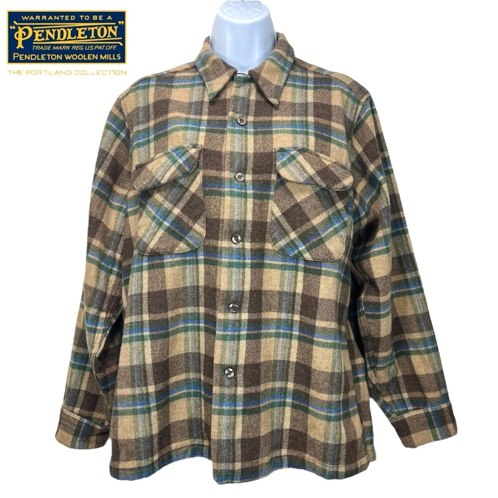 Pendleton Women‎ Large Vintage 80s 100% Virgin Wool Brown Plaid Button-Up Shirt